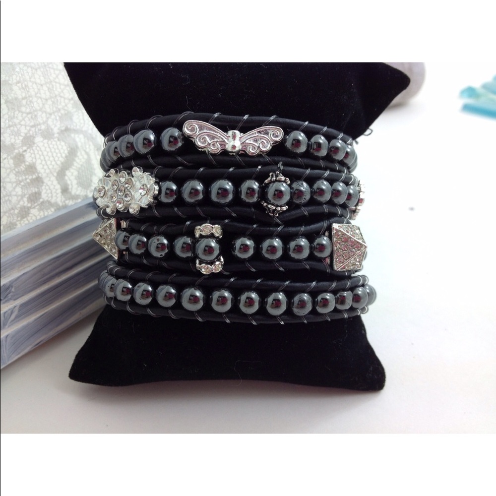 Hematite and rhinestone bead wrap bracelet